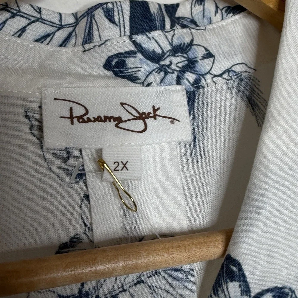 Linen Blend Tropical Floral Print Top Blue White Womens 2X Coastal Aloha Beachy - Picture 4 of 7